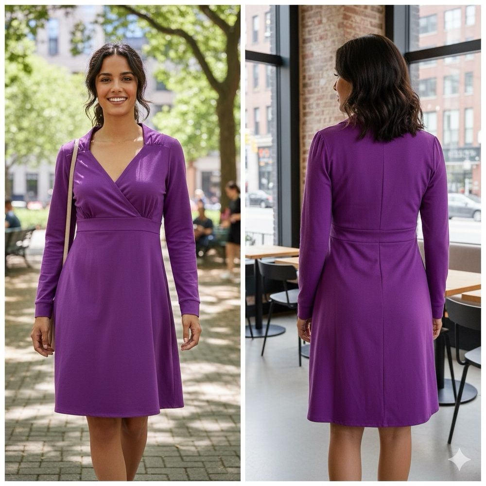 Athleta Power to the She Casual Dress M Purple Organic Cotton Long Sleeve V-Neck